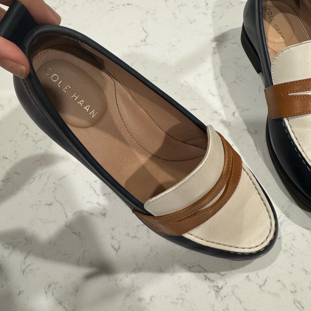 Women’s Two-Tone Leather Loafers in Navy, White & Tan - Picture 3 of 3
